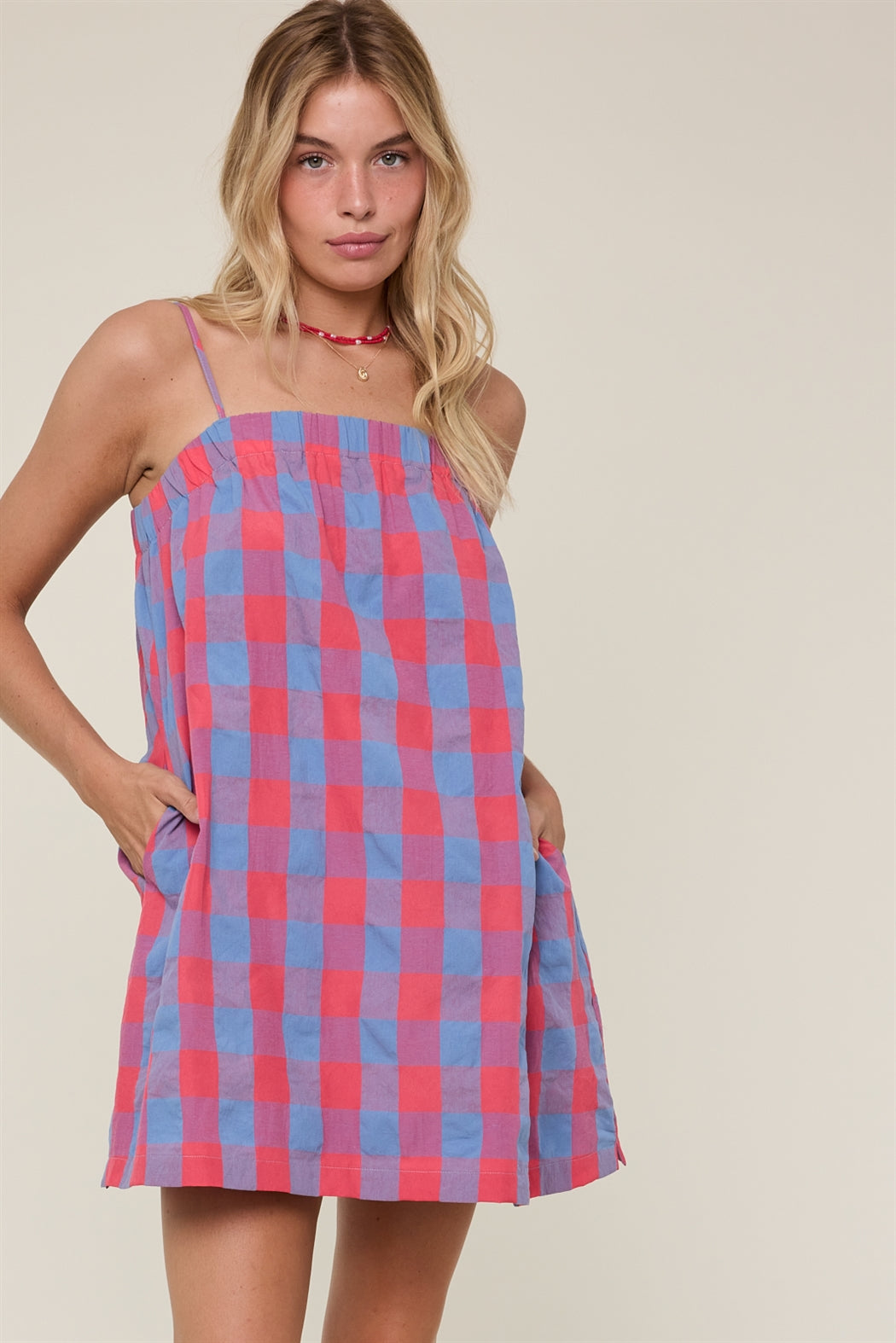 Cherry & Blue Plaid Cami Mini Dress