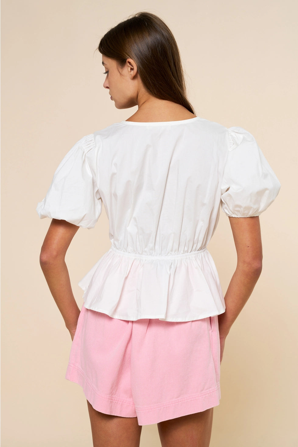 White Bow Front Tie Puff Slv Peplum Top