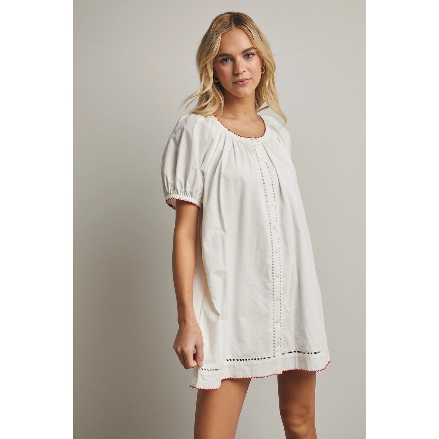White Puff Sleeve Button-Up Mini Dress