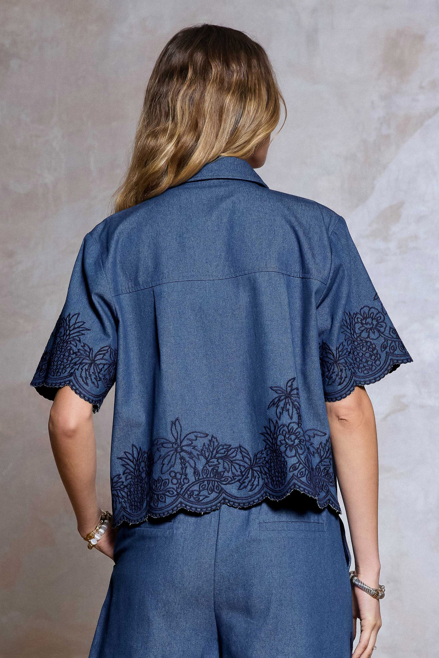 Embroidered Denim Cropped Shirt