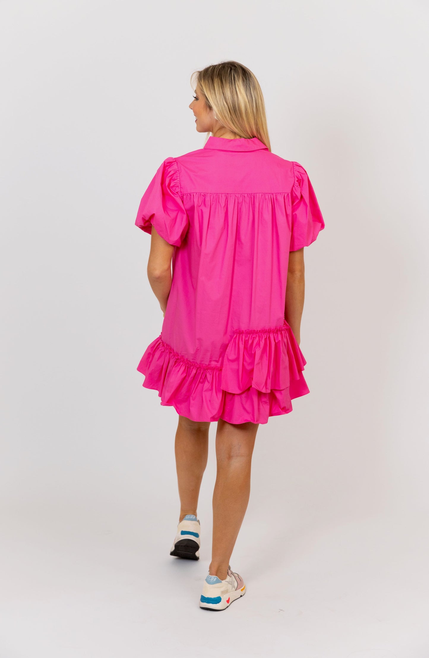 Hot Pink Ruffle Bottom Shirt Dress