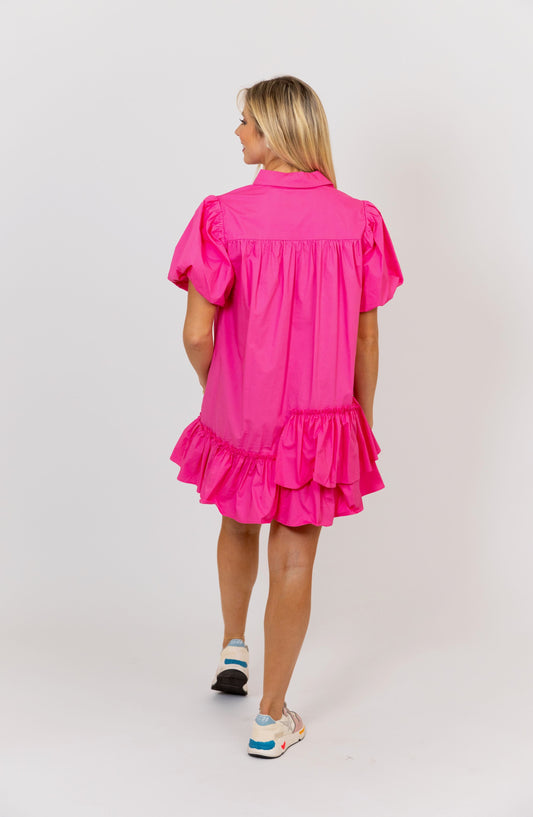 Hot Pink Ruffle Bottom Shirt Dress
