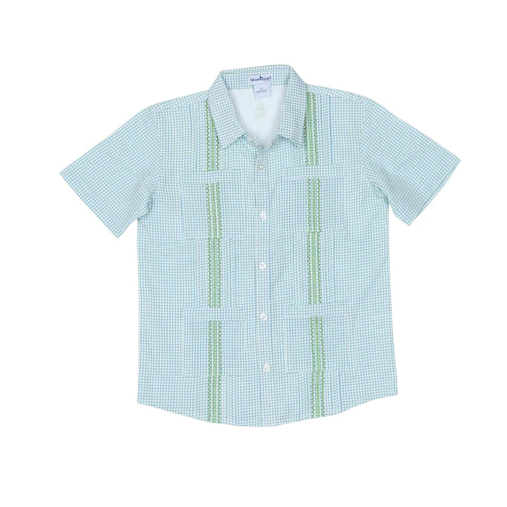Blue and Orange Check Guayabera