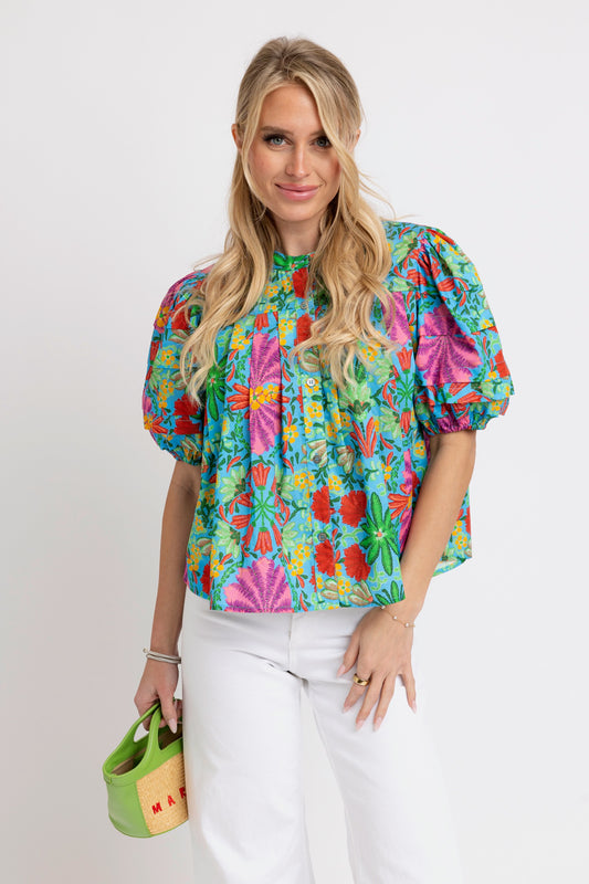 Tropical Pleat Sleeve Top