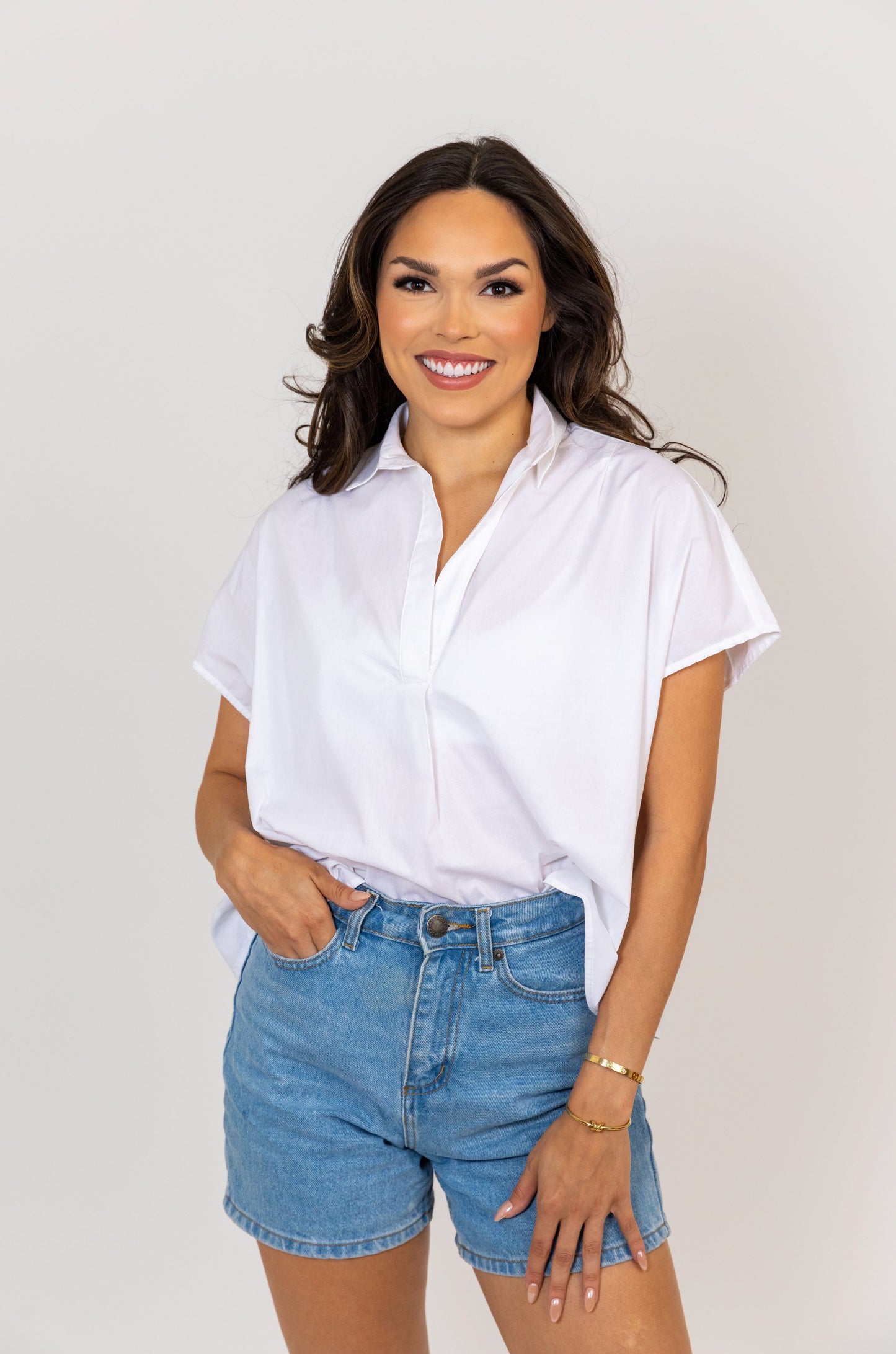 White Poplin Vneck Top