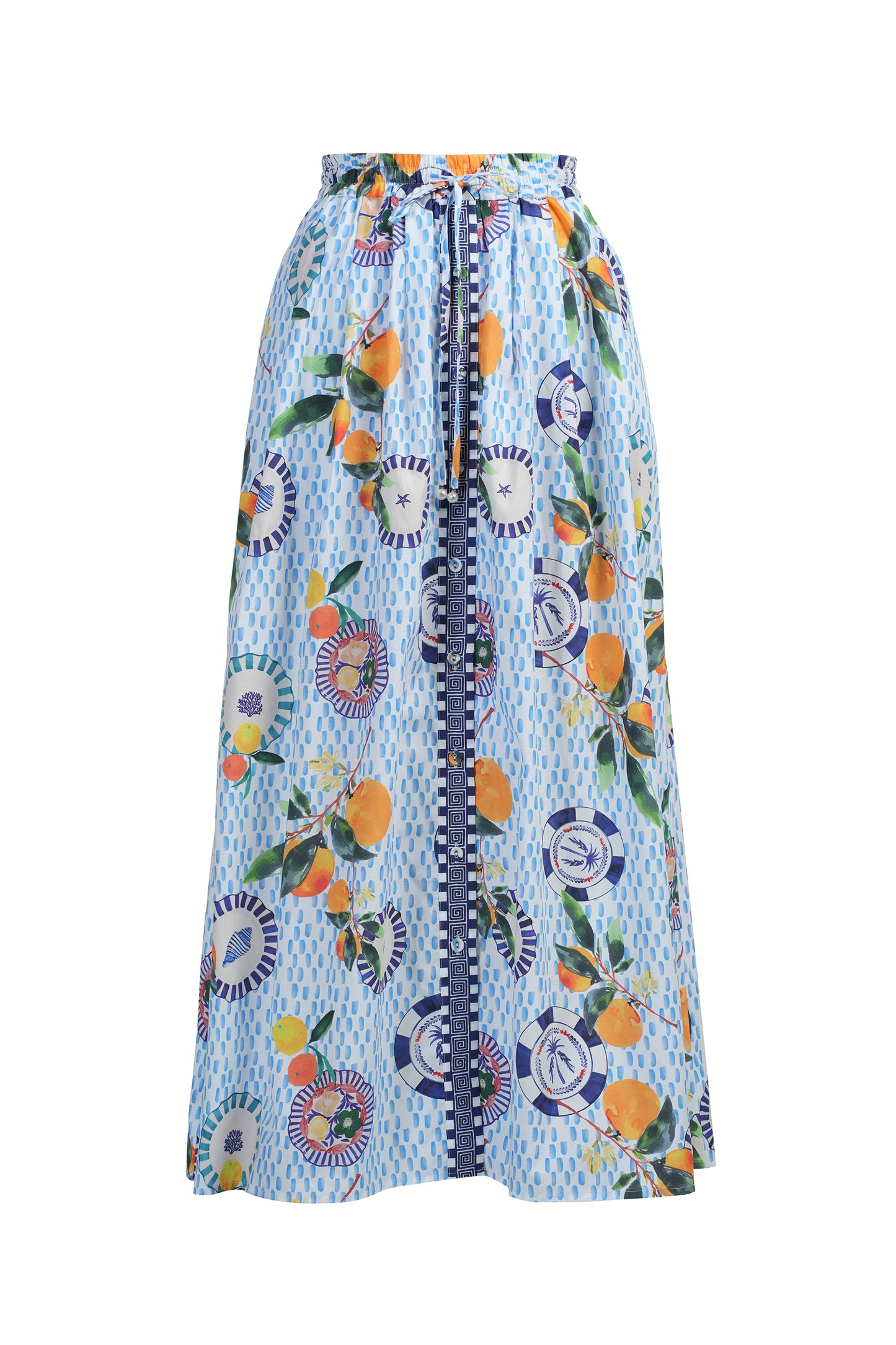 Skirt with colorful floral and fruit pattern on a white background