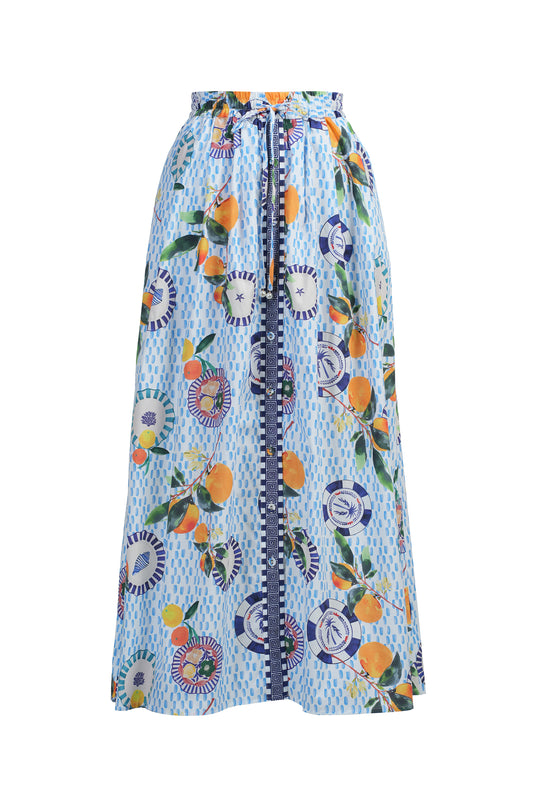 Skirt with colorful floral and fruit pattern on a white background