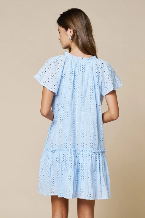 Blue Eyelet Ruffled Shift Dress