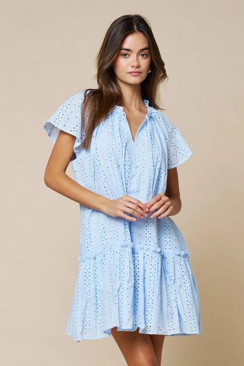 Blue Eyelet Ruffled Shift Dress