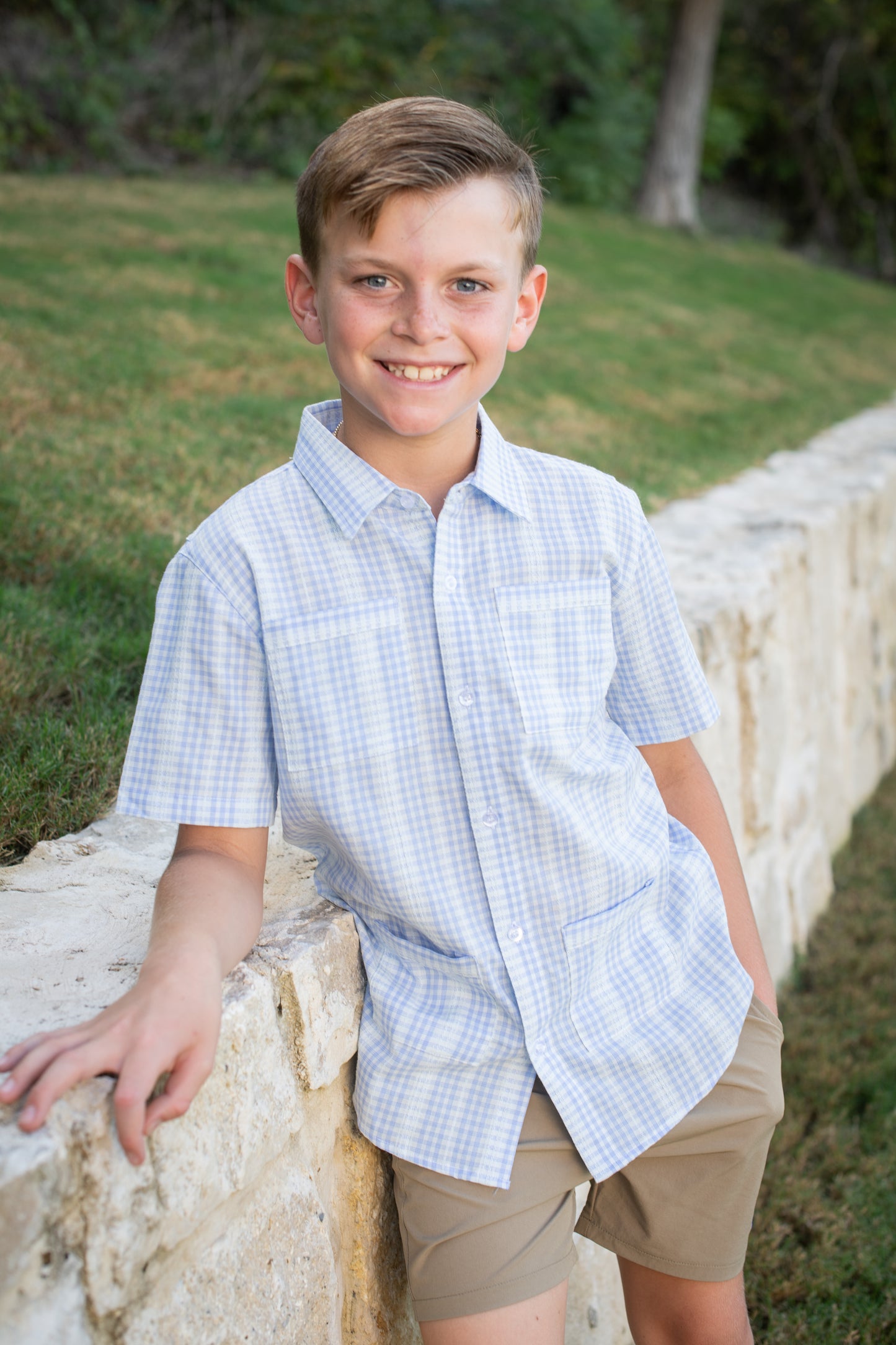 Blue Plaid Boys Guayabera