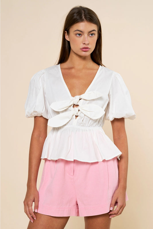 White Bow Front Tie Puff Slv Peplum Top