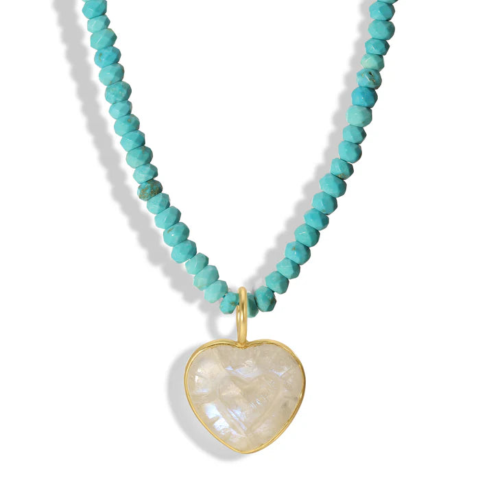 Carved Heart Necklace - Moonstone & Turq