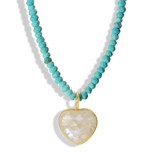 Carved Heart Necklace - Moonstone & Turq