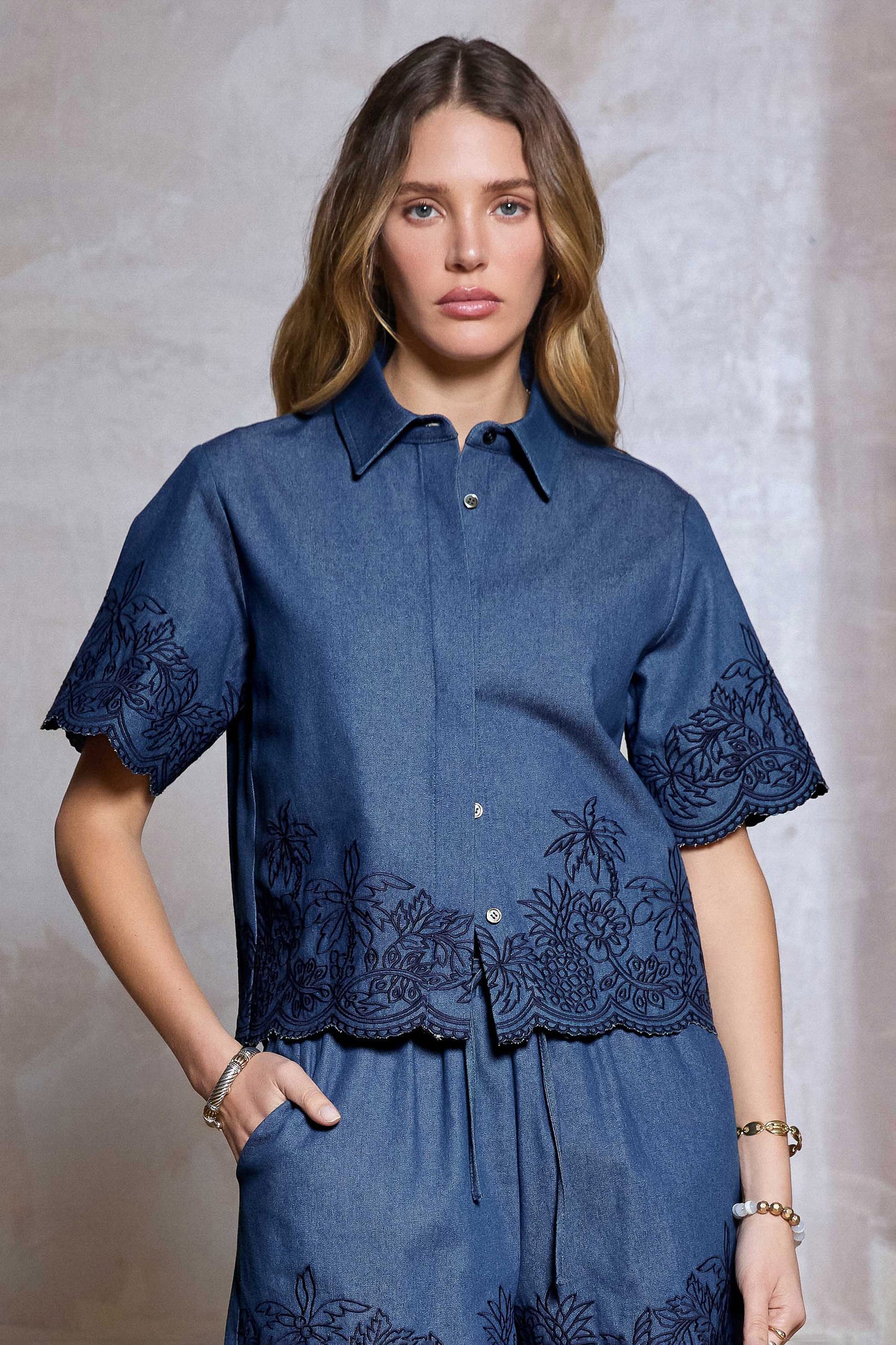 Embroidered Denim Cropped Shirt