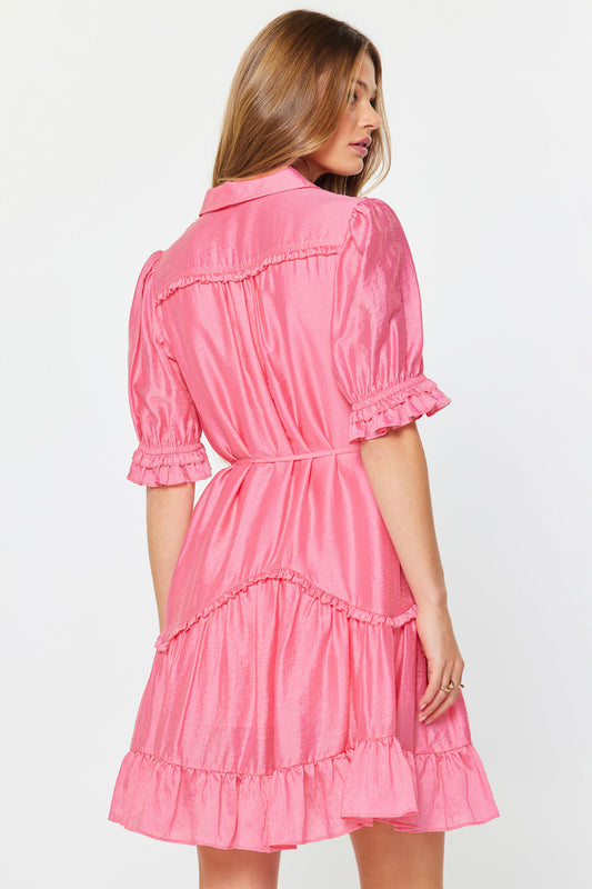 Pink Ruffled Button Down Mini Dress