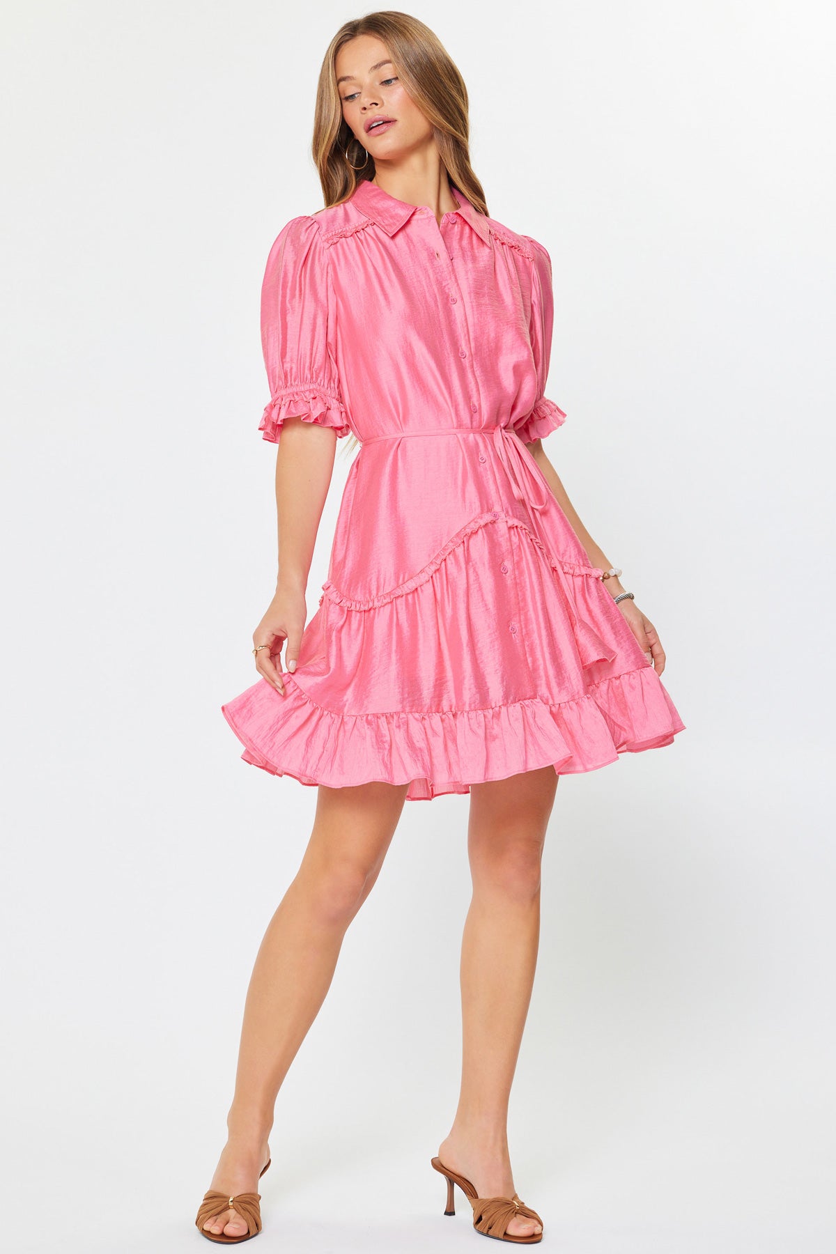 Pink Ruffled Button Down Mini Dress