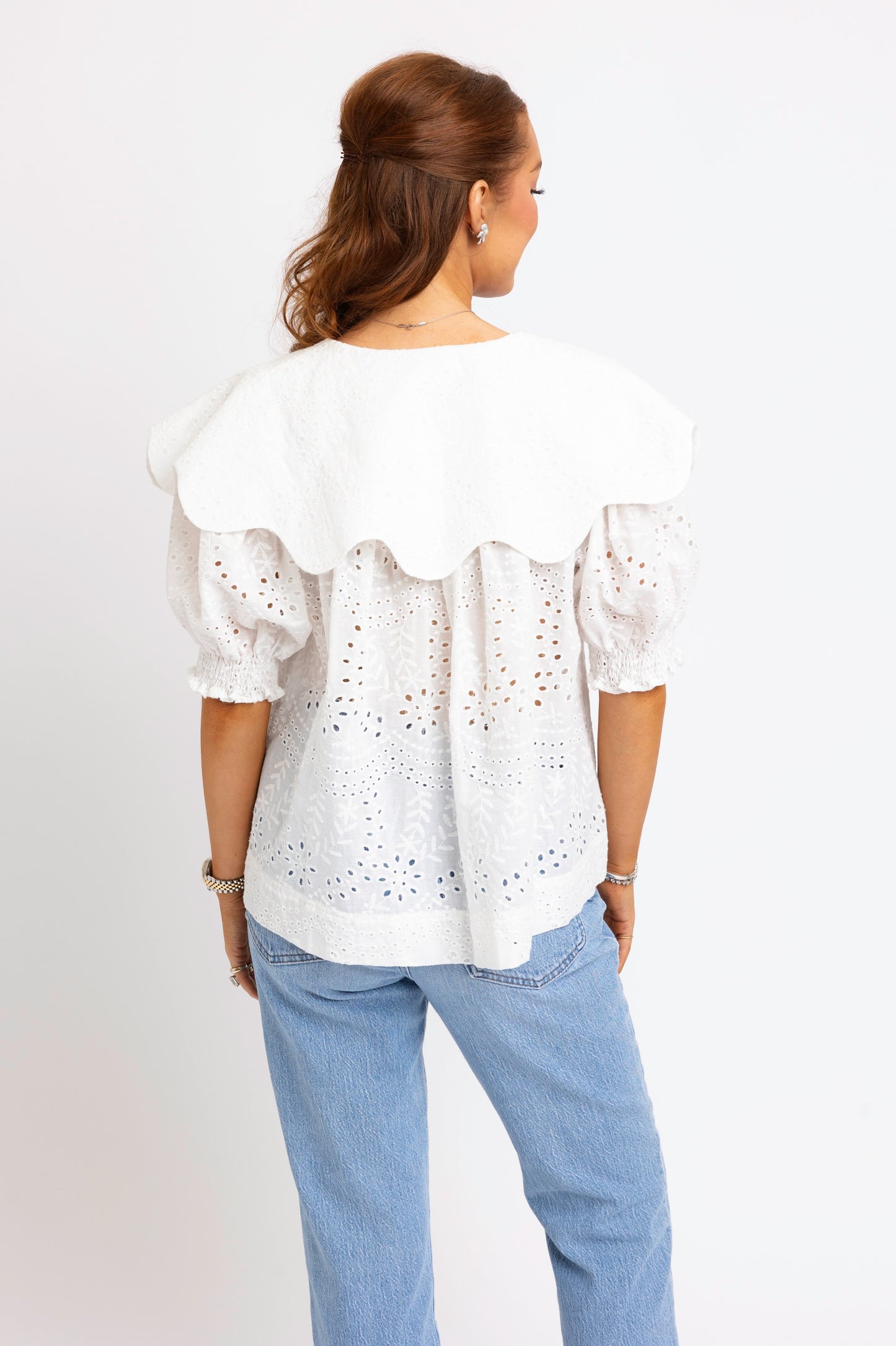 White Eyelet Novelty Collar Top