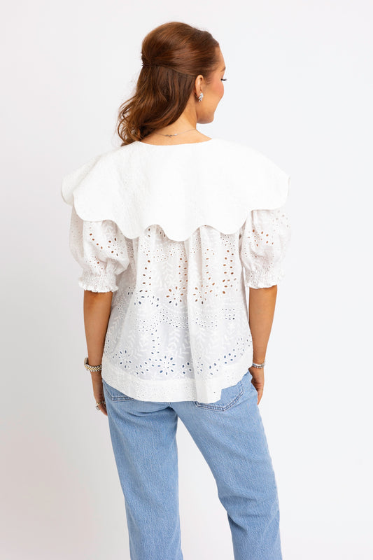 White Eyelet Novelty Collar Top