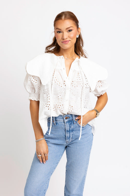 White Eyelet Novelty Collar Top