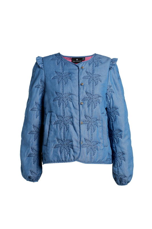 Blue denim jacket with palm tree embroidery on a white background