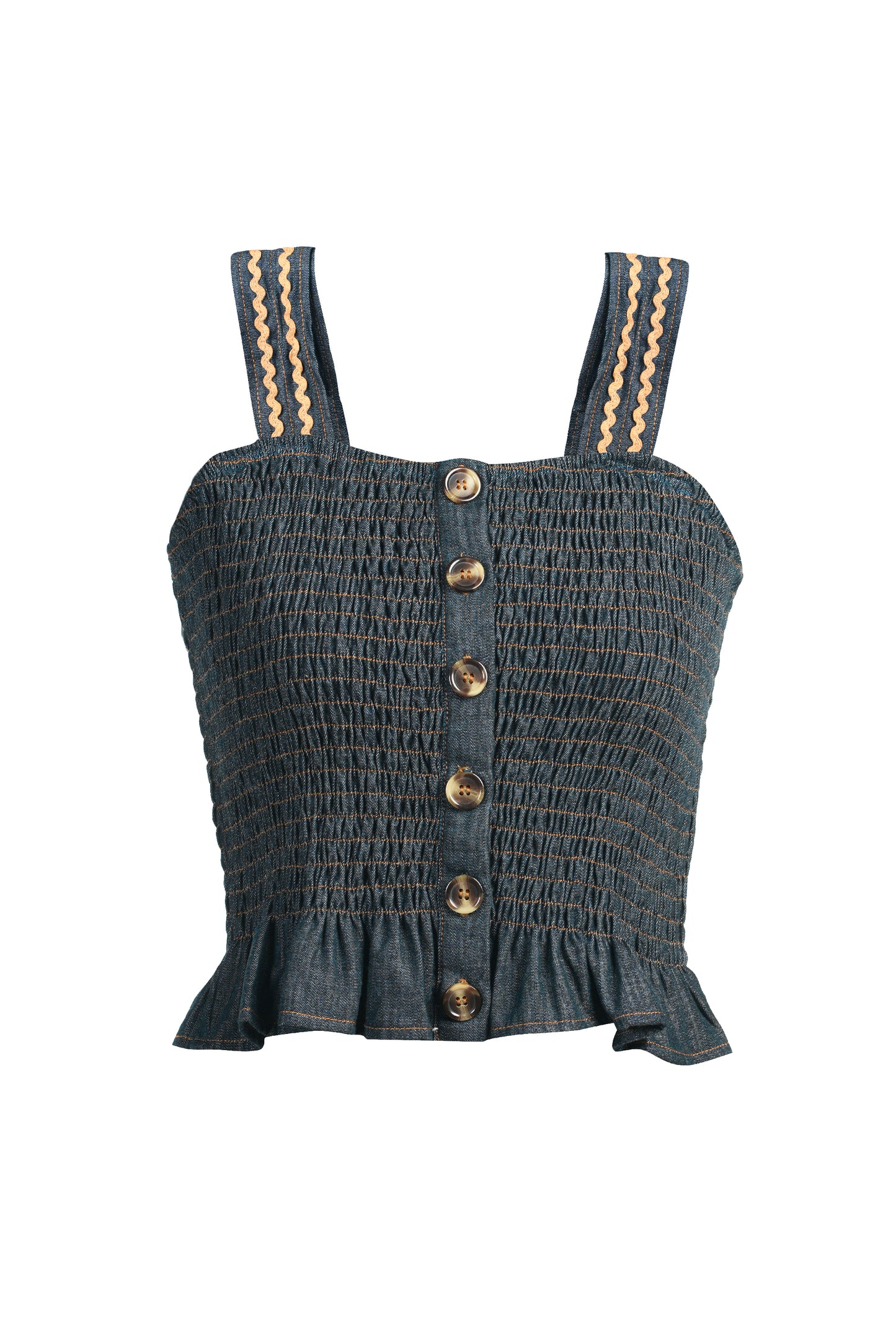 Denim top with button details and striped straps on a white background