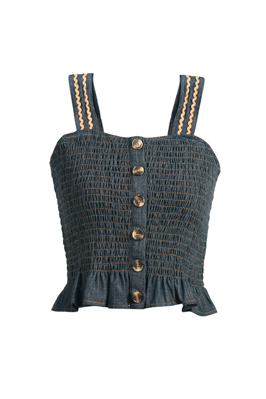 Denim top with button details and striped straps on a white background