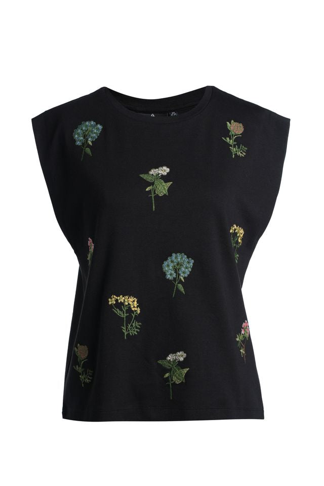 Emily Lovelock Black sleeveless top with floral embroidery on a white background