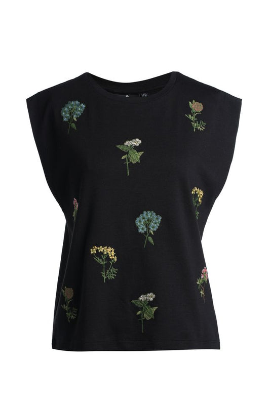 Emily Lovelock Black sleeveless top with floral embroidery on a white background