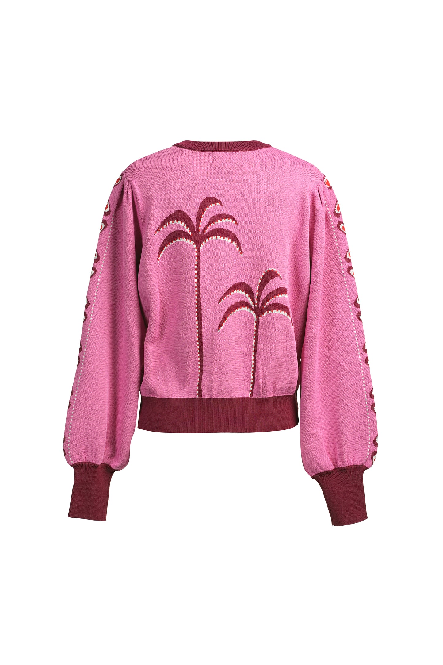 Pink sweatshirt with palm tree designs on a white background