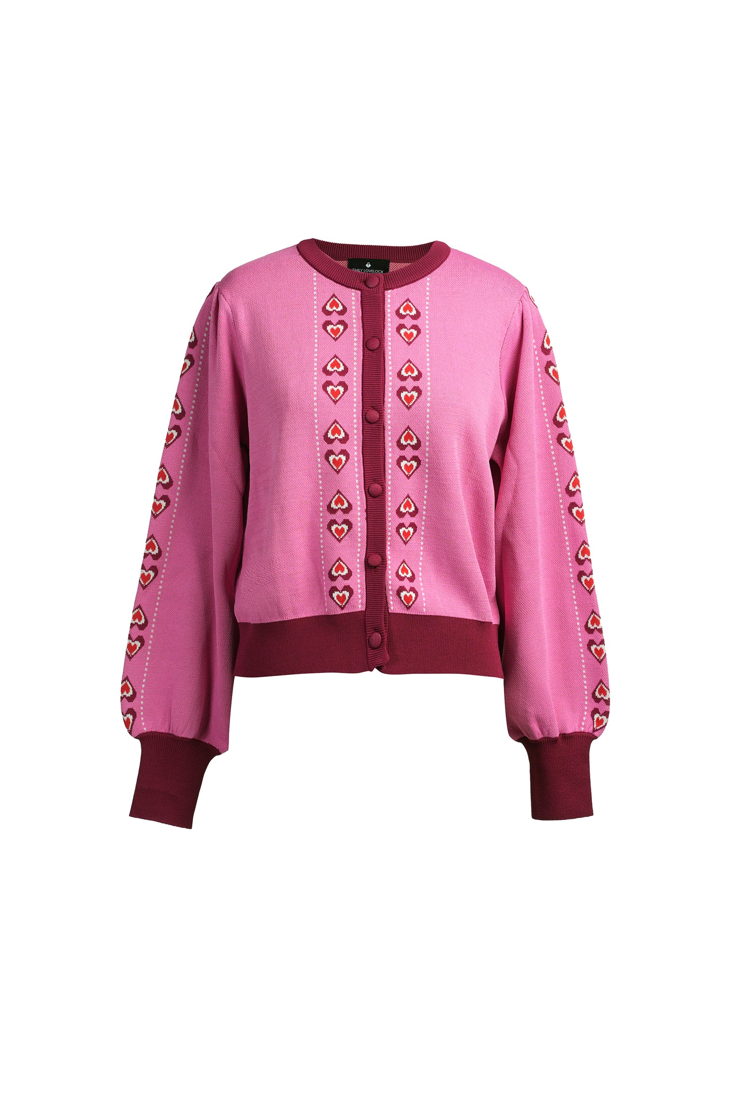 Pink cardigan with decorative buttons on a white background