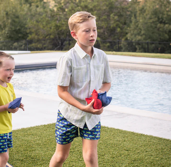 Green Plaid Short Sleeve Guayabera