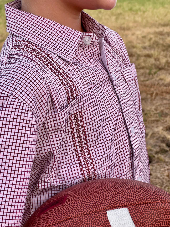 Boys Maroon Check Guayabera