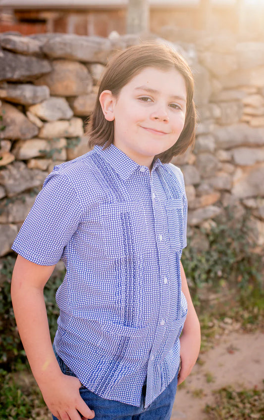 Boys Navy Check Guayabera