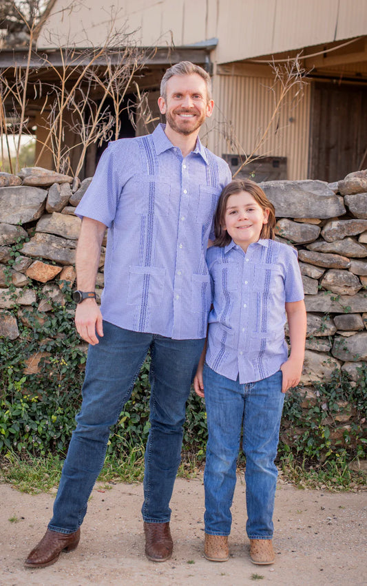 Boys Navy Check Guayabera