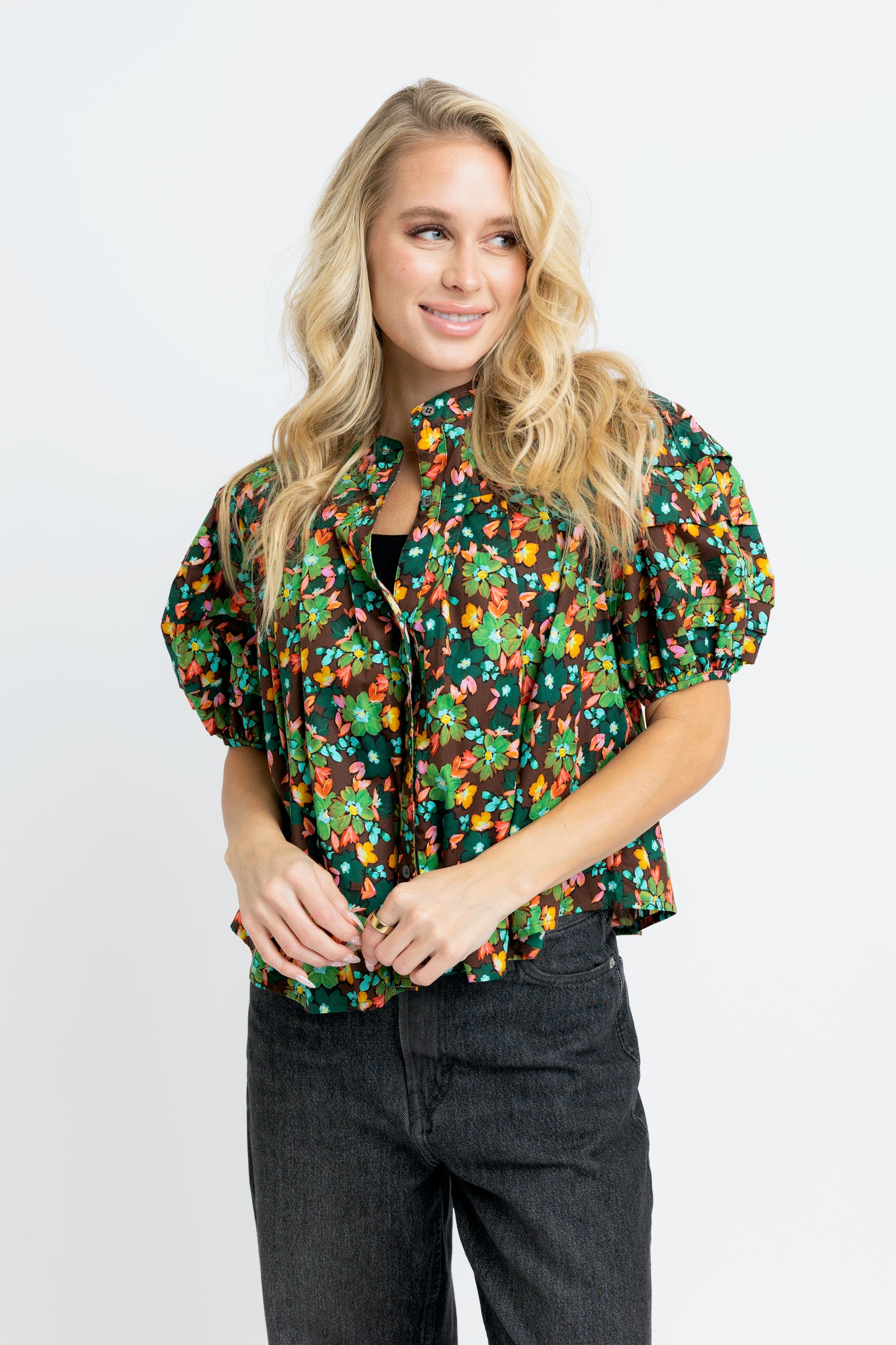 Brown Floral Pleated Top