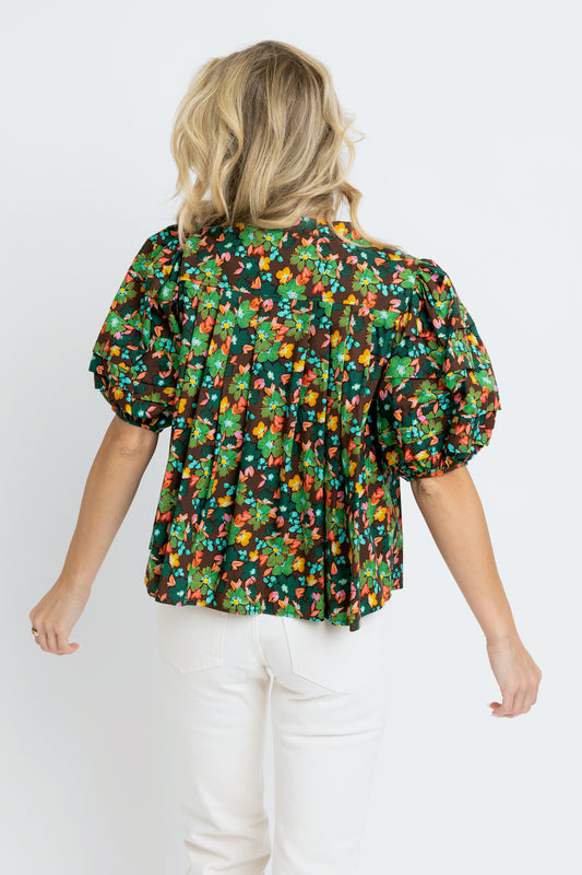 Brown Floral Pleated Top