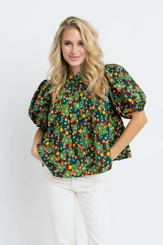 Brown Floral Pleated Top