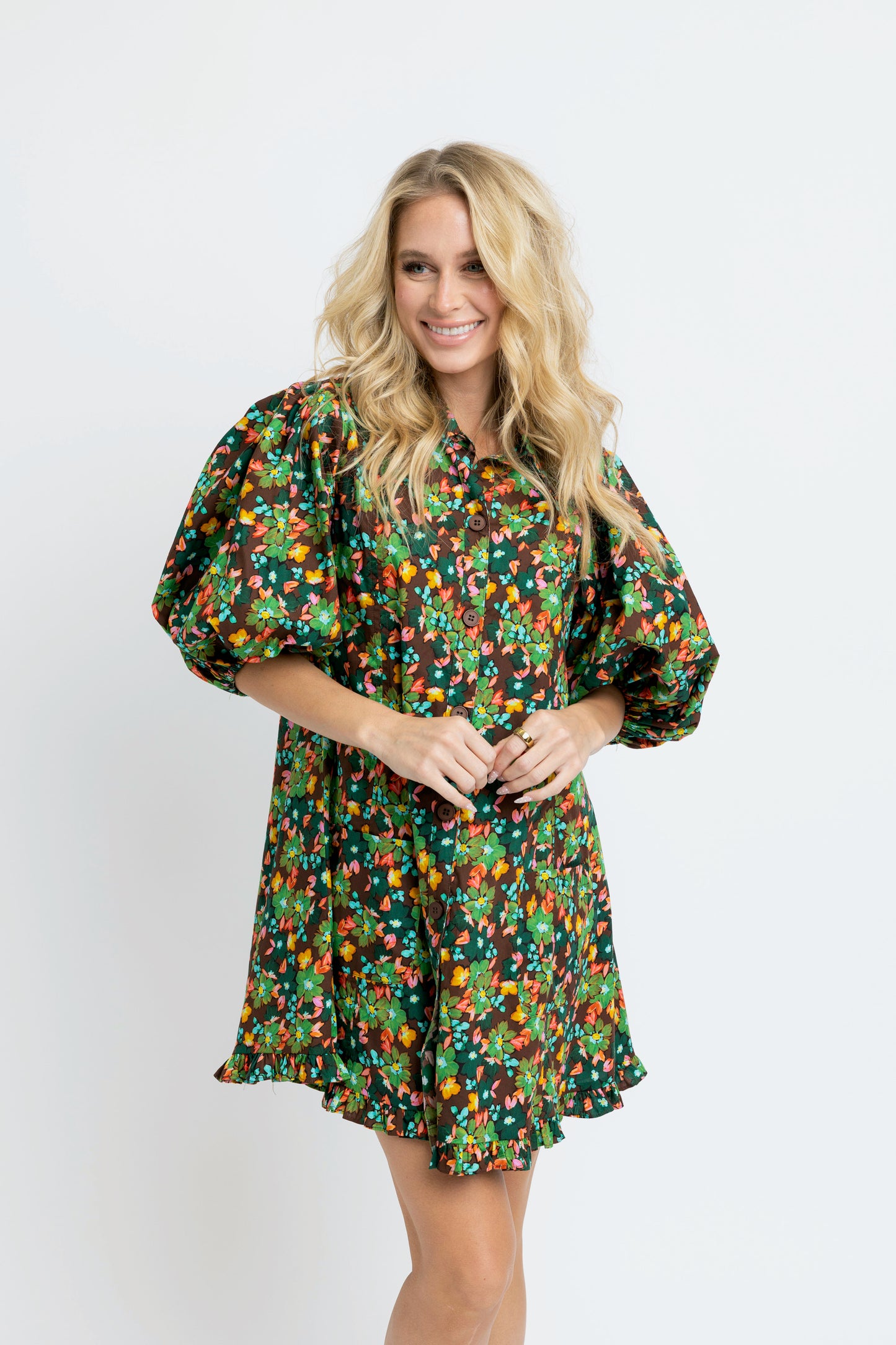 Brown Floral Ruffle Dress