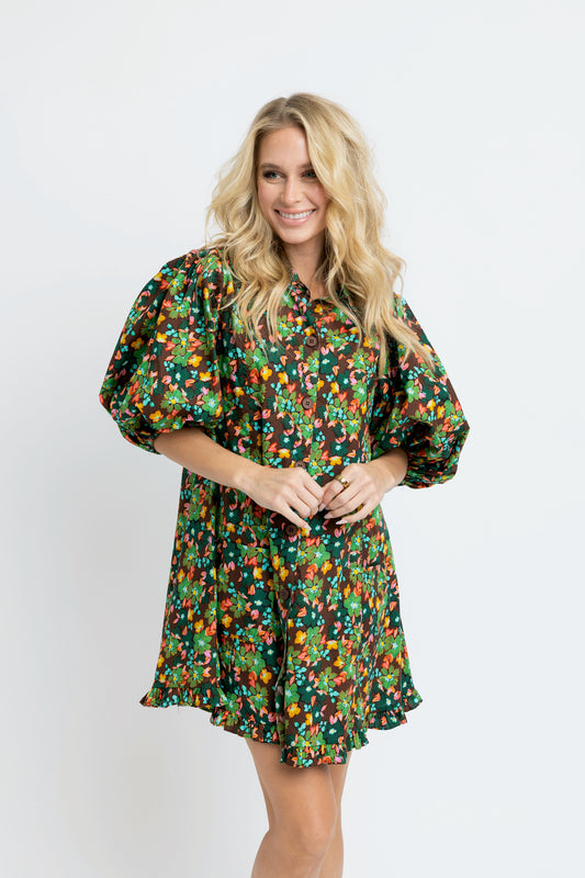 Brown Floral Ruffle Dress