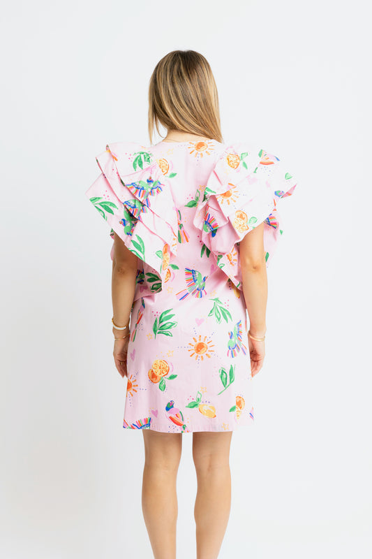 Toucan Fruit V-Neck Ruffle Dress by Karlie