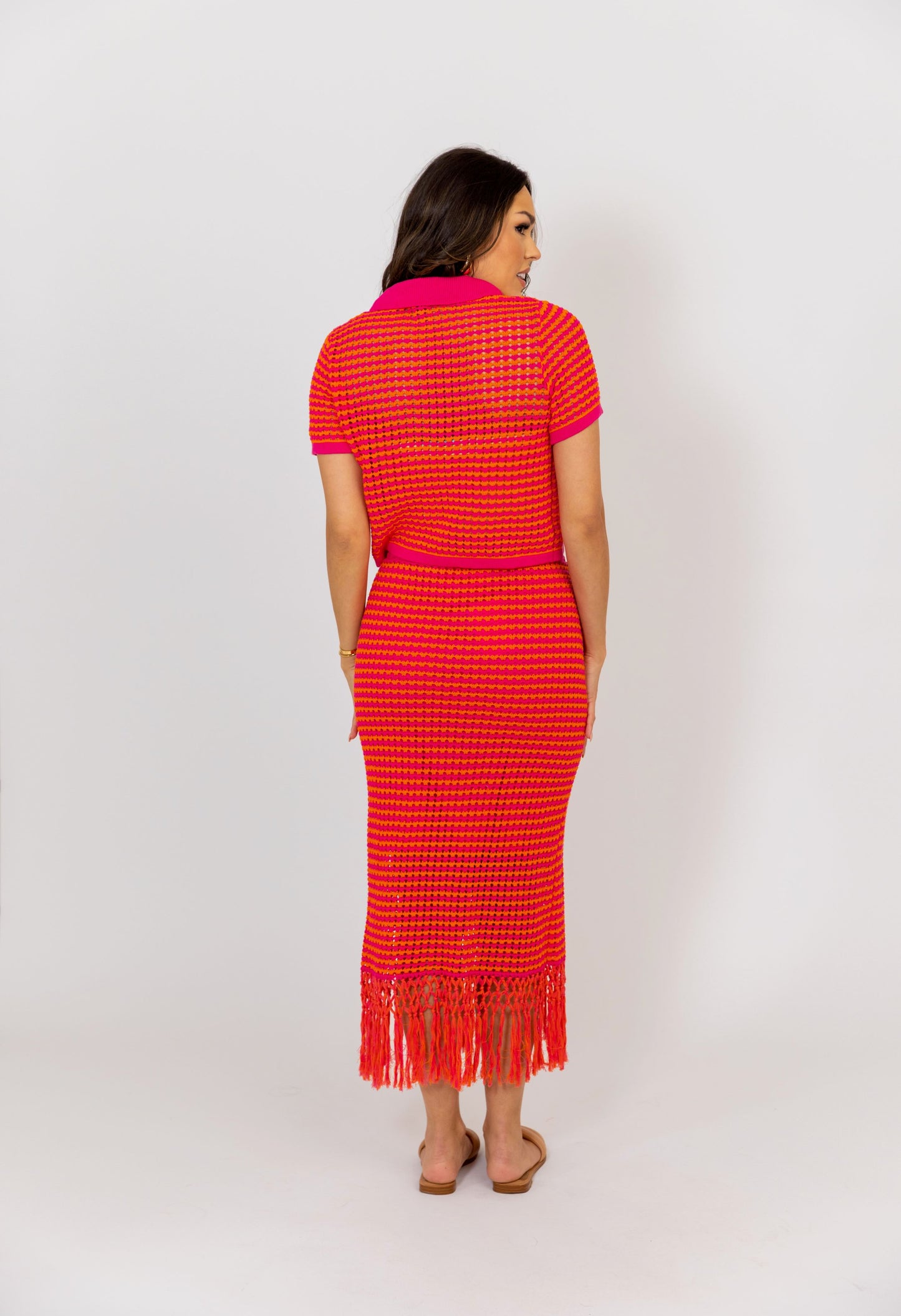 Hot Pink Color Block Crochet Midi Skirt