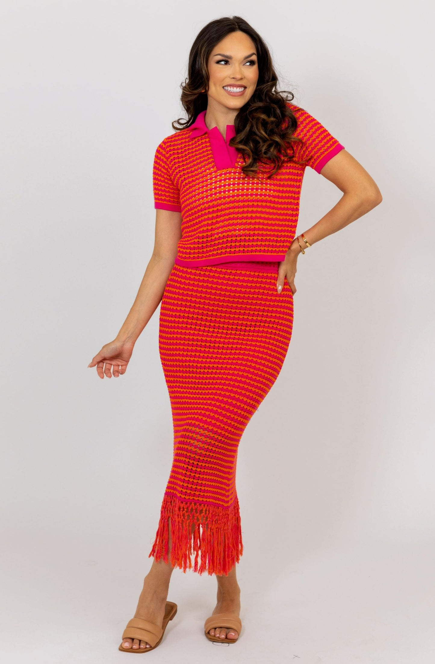Hot Pink and Orange Crochet Midi Shirt by Karlie