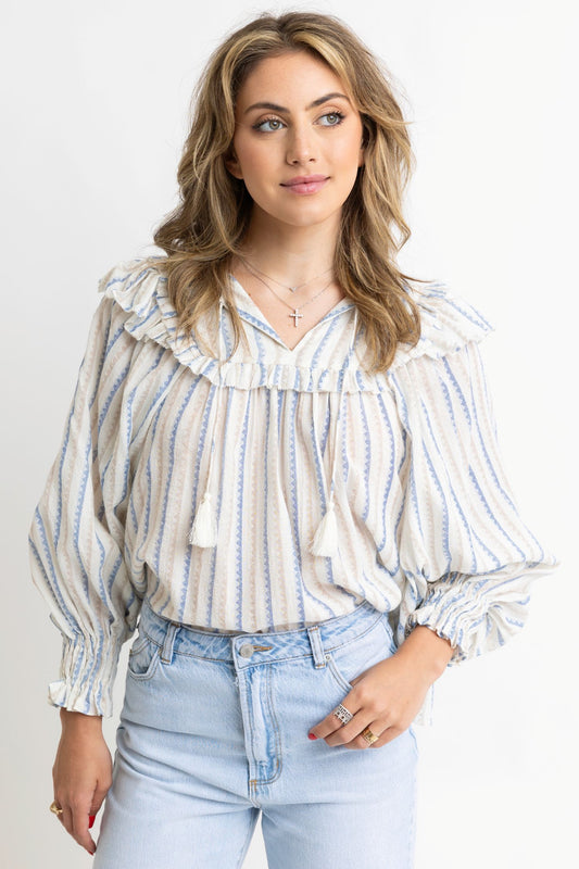 Blue Stripe Ruffle Top