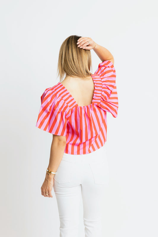 Red Stripe Square Neck Poplin Top 