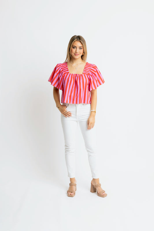 Red Stripe Square Neck Poplin Top 