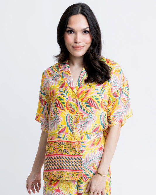 Karlie Tropical Satin Button Up Top
