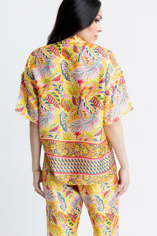 Tropical Satin Button Up Top