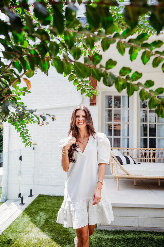 Karlie Ivory Denim Ruffle Bottom Dress