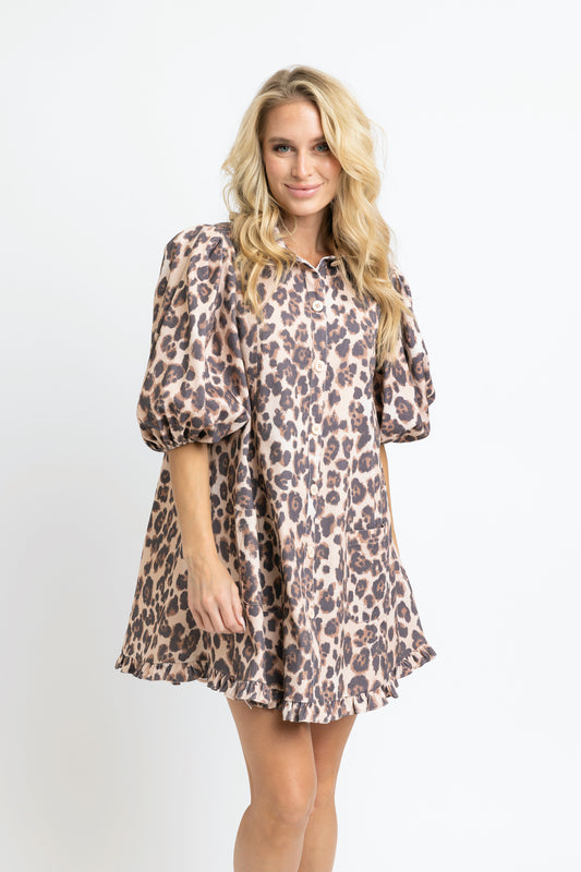 Karlie Leopard Denim Puff Sleeve Dress