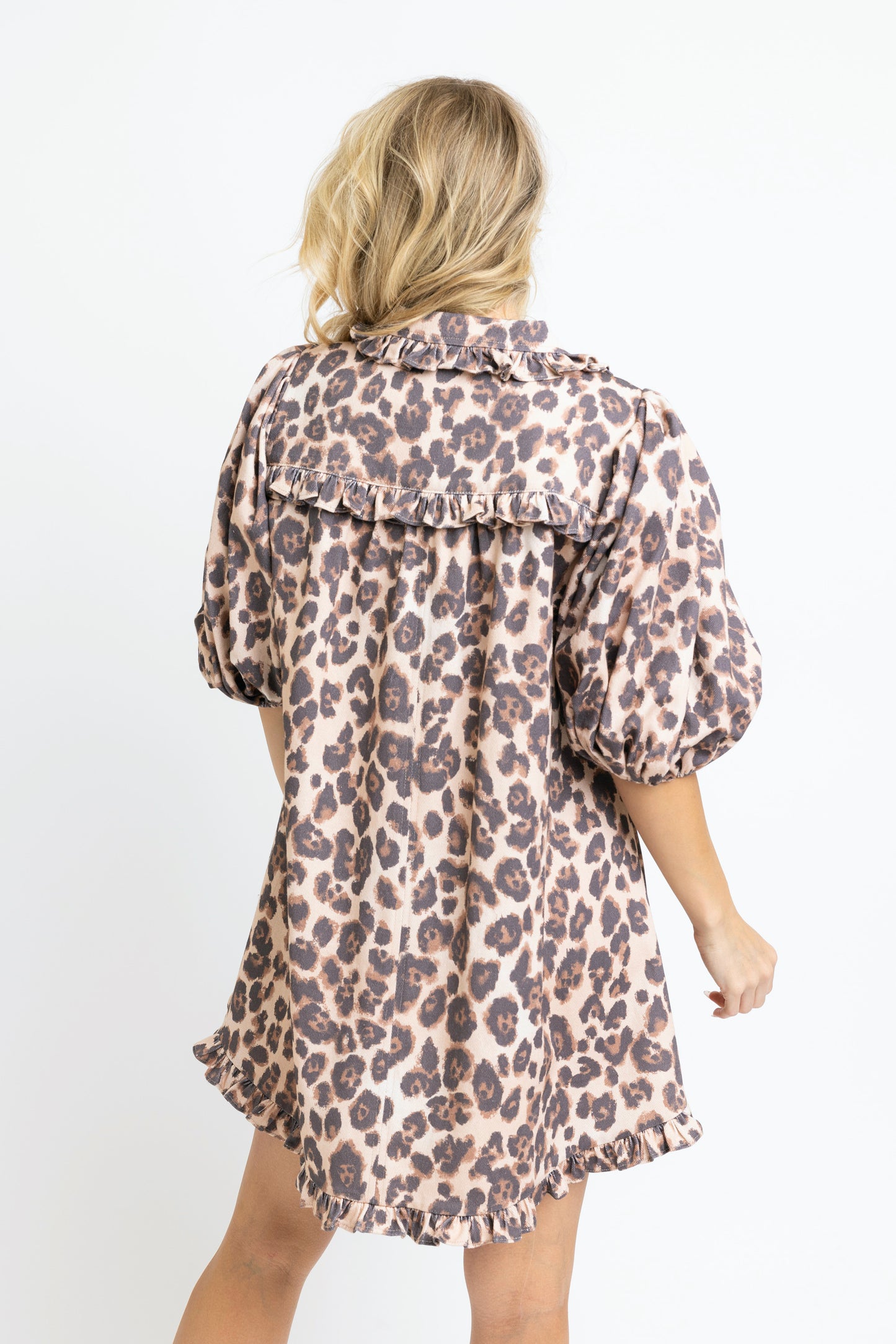 Karlie Leopard Denim Puff Sleeve Dress Back View

